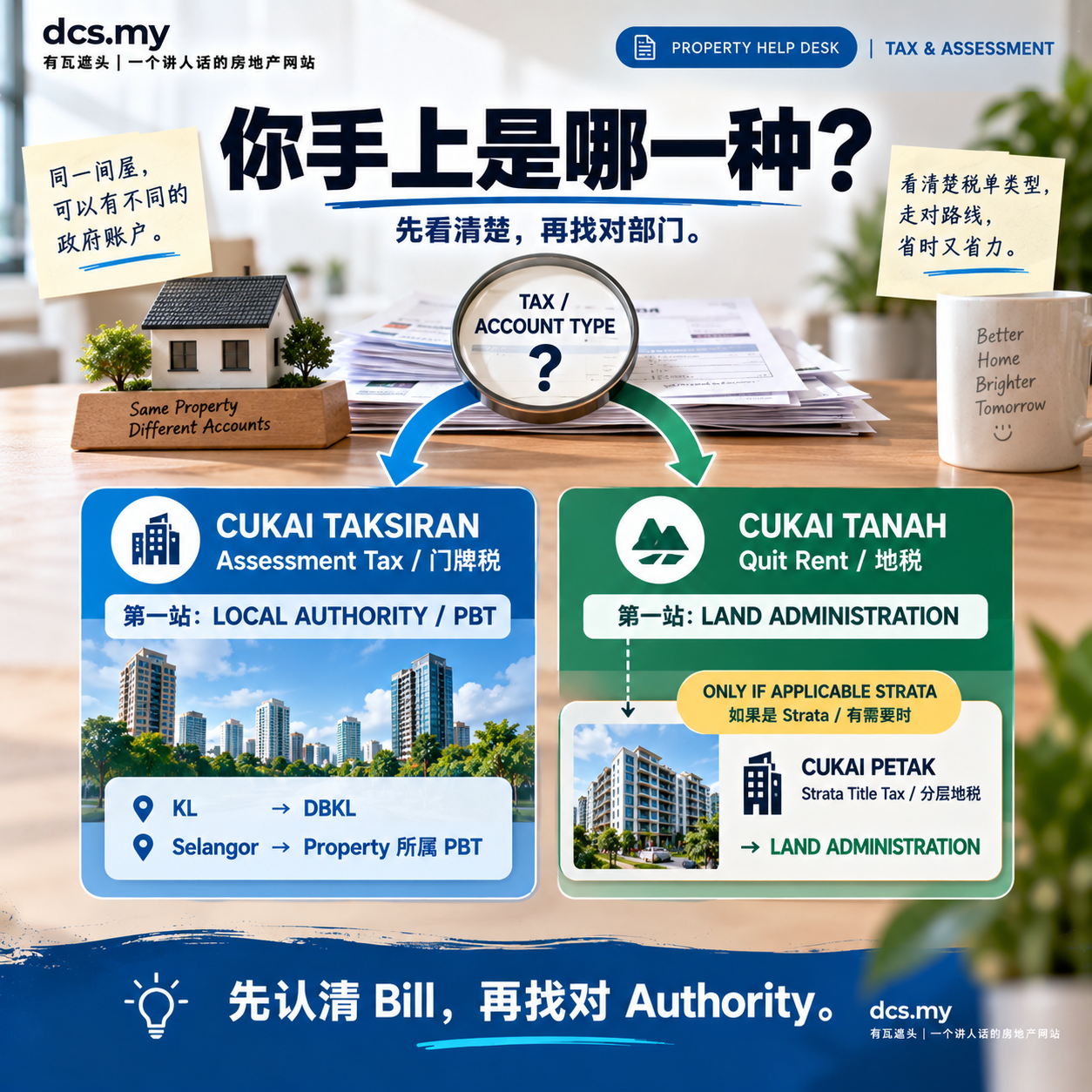 Cukai Taksiran 找 Local Authority PBT;Cukai Tanah 找 Land Administration;Cukai Petak 为适用 strata 情况的 land route